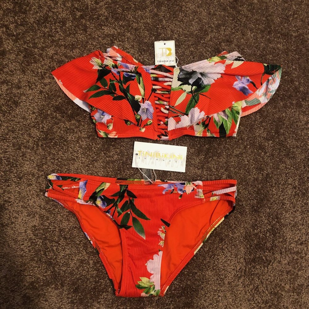 TiniBikini Two Piece Orange Floral Print Bikini XS